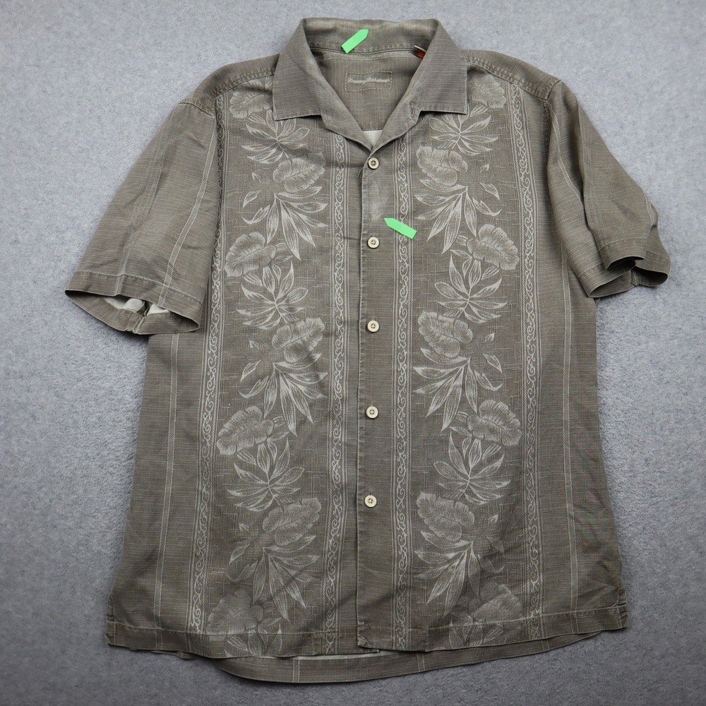 Tommy Bahama Button-Down Mens Large Brown Silk Floral Embroidered Camp Shirt